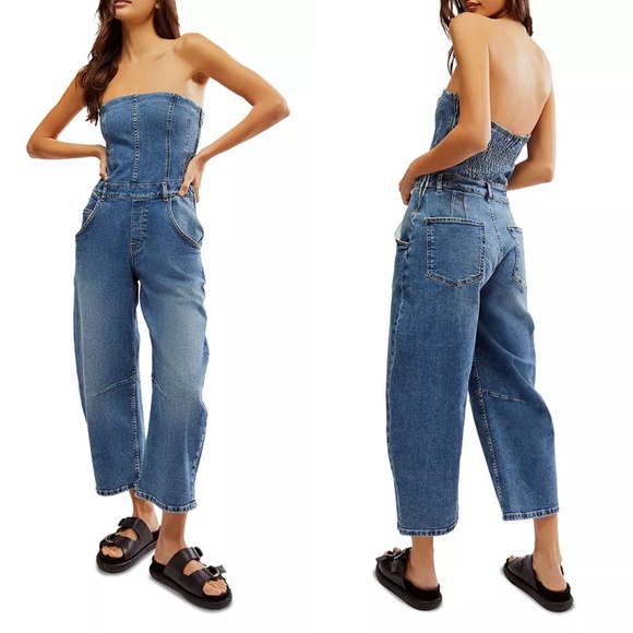 NEW FREE PEOPLE We The Free DENIM BLUE Je Suis Pret BARREL Pockets JUMPSUIT S - Picture 2 of 16